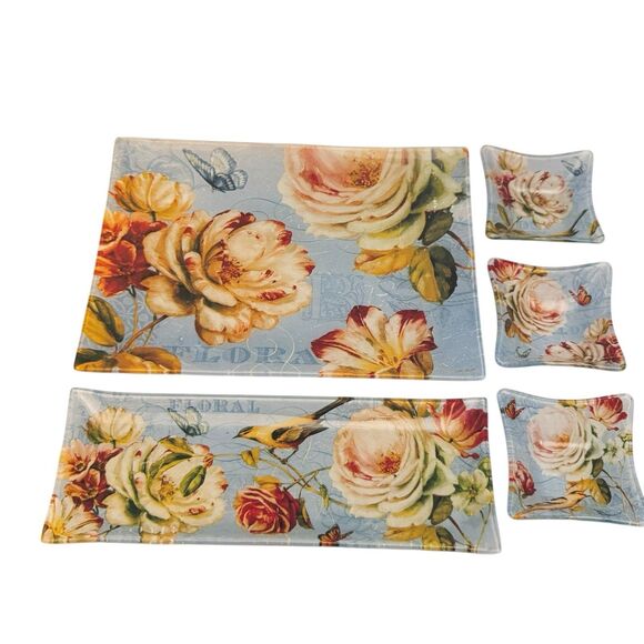 NEW Spring Romance 5-Piece Glass Serving Set Blue Floral Platters Bowls - Picture 3 of 11